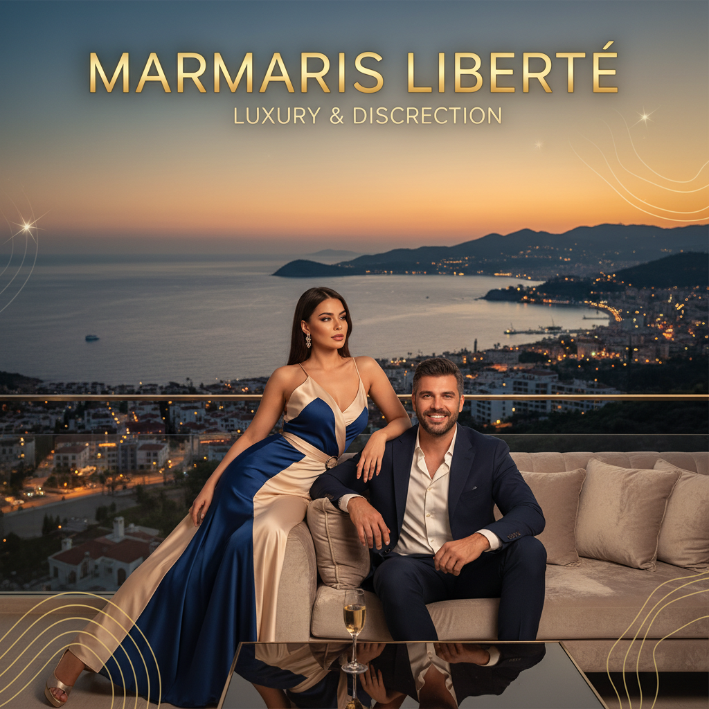 Marmaris'te lüks ve gizlilik temalı, modern ve özgürlük hissi veren bir escort hizmeti görseli. Şehir manzarası arka planda, zarif renk paleti, sıcak ve davetkar bir atmosfer.