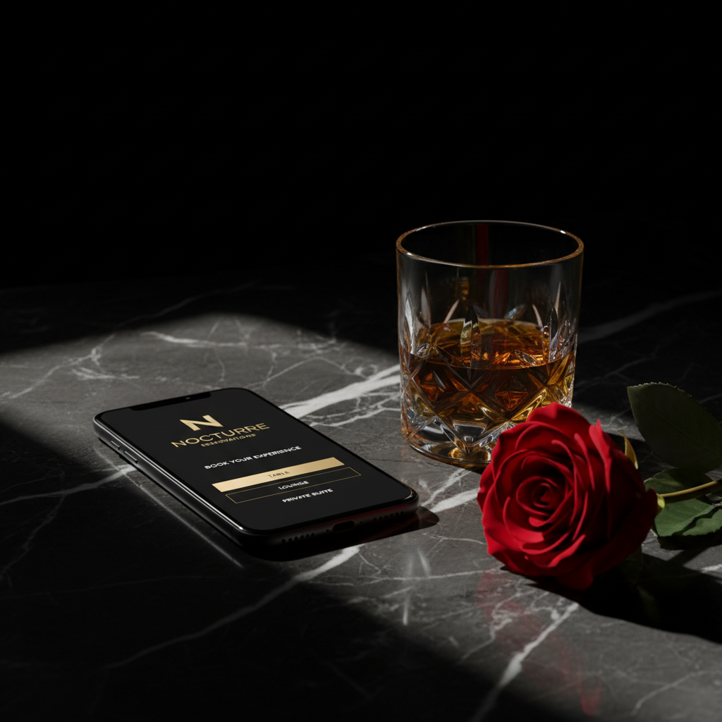 A close-up, photographic view of an elegant black smartphone lying on a glossy, dark marble tabletop, displaying a sophisticated, minimal booking interface with gold accents and a stylized logo. Around the phone are only two elements: a crystal tumbler half-filled with amber liquid and a single red rose laid horizontally, its petals rich and velvety. A strong, directional spotlight from the upper left creates intense highlights on the glass and marble, with razor-sharp shadows that radiate diagonally across the frame. The background fades into deep black, isolating the objects with dramatic clarity. Composed with the phone on the rule of thirds and a shallow depth of field, the mood is bold, luxurious, and intentionally mysterious, reinforcing a premium, high-end nightlife experience without showing any people.