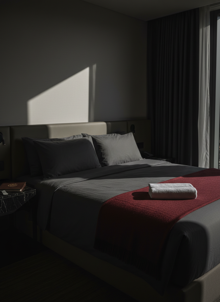 A luxurious, dimly lit hotel suite interior, focusing on a perfectly made king-size bed with deep charcoal linens, a rich burgundy throw, and a single, folded white towel placed deliberately at the center. On the sleek black bedside table rests a closed leather-bound notebook with a subtle embossed logo and a modern, metallic room key card. Sharp directional lighting from a hidden wall fixture casts crisp, angular shadows across the bed and wall, emphasizing texture and contrast. The minimalist background shows only a hint of a floor-to-ceiling window with blackout curtains slightly parted, revealing blurred city lights. Photographic realism, shot at eye level with a shallow depth of field, creates a bold, cinematic, and discreet atmosphere suitable for a premium, confidential service brand.