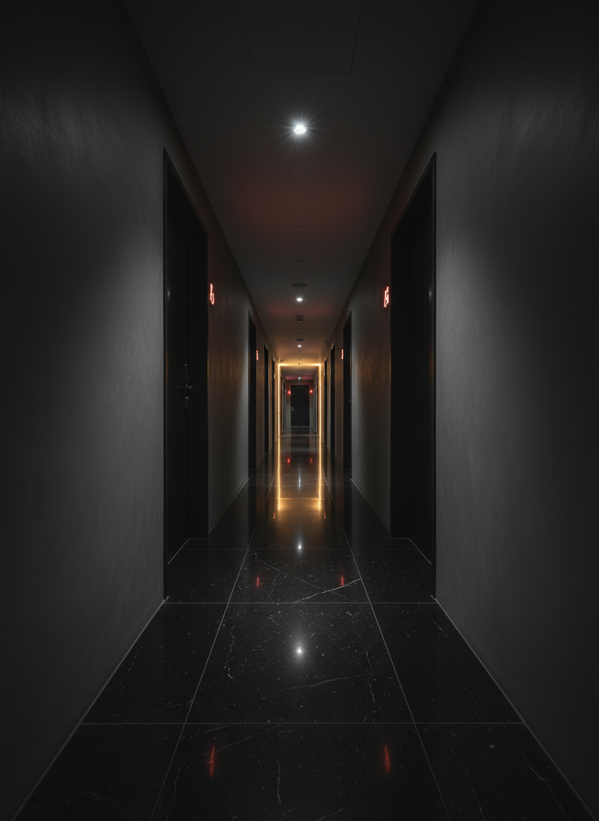 A dramatic hallway scene in a luxury hotel floor, captured without any people, featuring a long corridor of closed, matte black doors with subtle room numbers illuminated in soft red. The camera is placed low and centered, looking straight down the hallway to create strong leading lines that converge in the distance. A single directional light source from the ceiling near the foreground creates high-contrast, crisp shadows along the floor’s dark, glossy tiles, reflecting the door lights in streaks of red and gold. The walls are smooth and unadorned, amplifying the minimalist, cinematic feel. Photographic realism with a bold, slightly mysterious atmosphere, evoking privacy, exclusivity, and after-dark luxury while remaining tasteful and abstract enough for a professional business site.