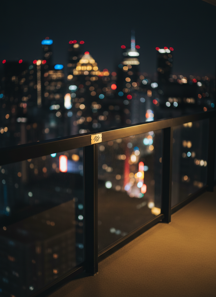 A minimalist, nocturnal cityscape viewed from a high balcony, focusing on a sleek, matte-black metal railing in the foreground with a small, discreet brass nameplate attached, engraved with an abstract emblem. Beyond the railing, blurred neon signs and warm hotel window lights create a bokeh of reds, golds, and deep blues. A single, narrow beam of side lighting from the right cuts across the railing, giving it a sharp metallic sheen and casting a crisp, geometric shadow onto the smooth concrete floor. The composition is wide and cinematic, with the railing leading the eye into the glowing city below. Photographic realism with a bold, moody atmosphere, evoking late-night exclusivity and urban sophistication while remaining completely anonymous and human-free.